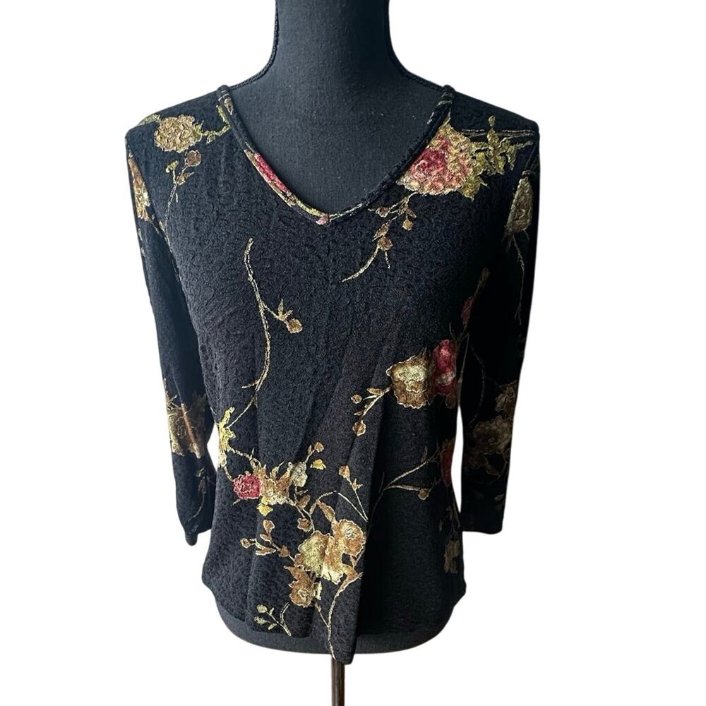 Peter Nygard Black Floral V-Neck Textured Long Sleeve Top Size S